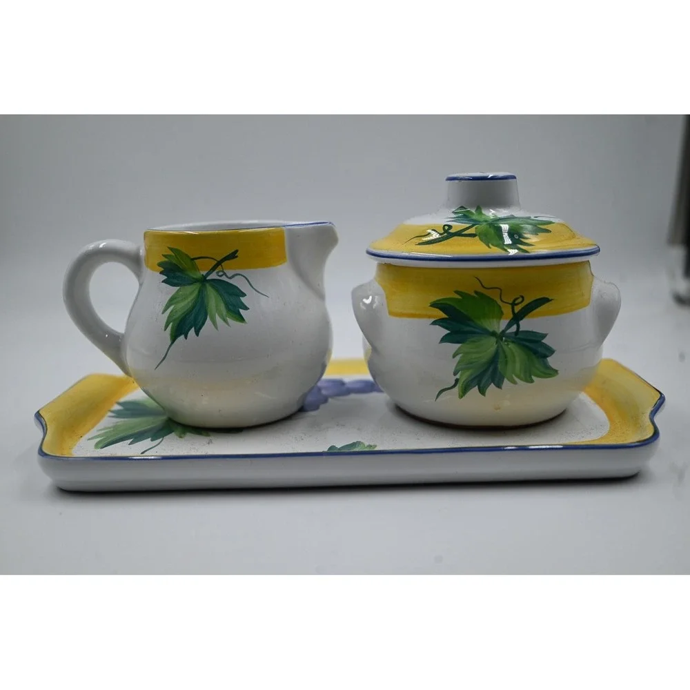 Present Tense Home Artistry Cream Sugar Set with Tray Handpainted Hungary Grapes
